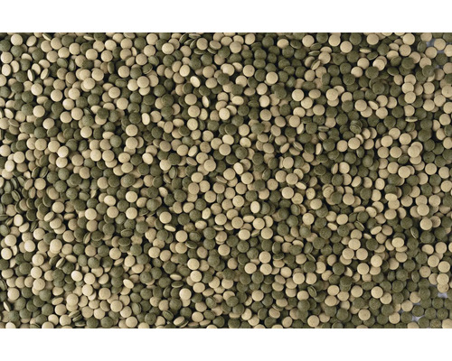 Mischung aus Aquarium-Futtertabletten für Bodenfische in verschiedenen Grün- und Brauntönen.
