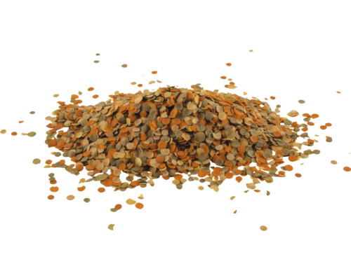 Ein Haufen runder, mehrfarbiger Fischfutterflocken für Aquarienfische.