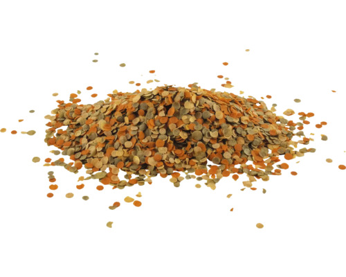 Kleine, runde Fischfutterflocken.