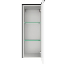 Offener Hochschrank mit zwei Glaseinlegeböden und weißem Innenraum.