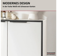 Fackelmann Badezimmerschrank in modernem Design in Weiß mit schwarzen Kanten und schwarzen Griffen. Fackelmann Badmöbel Logo.