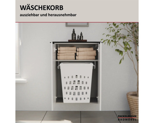 Ausziehbarer und herausnehmbarer Wäschekorb integriert in einem Badezimmerschrank mit Handtuchablage. Fackelmann Badmöbel Logo.