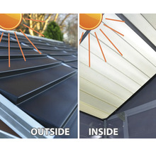 Vergleich der Außen- und Innenansicht eines Metalldachs für ein Gartenhaus unter Sonneneinstrahlung.