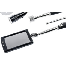Teleskop-Inspektions-Set bestehend aus rechteckigem LED-Kontrollspiegel und magnetischem Greifer mit integrierter Taschenlampe.