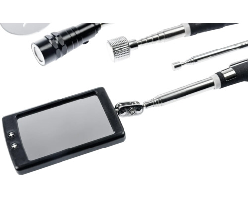 Teleskop-Inspektions-Set bestehend aus rechteckigem LED-Kontrollspiegel und magnetischem Greifer mit integrierter Taschenlampe.
