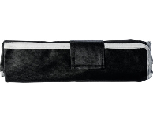 Geschlossene schwarze Werkzeugtasche aus Textil mit weißem Rand und Klettverschluss.