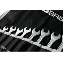 Gabelschlüsselsatz in einer schwarzen Rolltasche aus Stoff mit verschiedenen Größenangaben in Zoll
