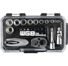 WGB Steckschlüsselsatz in Kunststoffbox mit Ratsche, Bits, Verlängerung und verschiedenen Steckschlüsseleinsätzen.