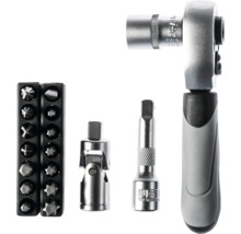 Knarrensatz aus Metall mit Umschaltknarre, ergonomischem Griff, Steckschlüssel, Verlängerung, Kardangelenk und Bits im Halter.