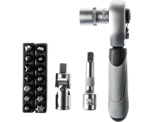 Knarrensatz aus Metall mit Umschaltknarre, ergonomischem Griff, Steckschlüssel, Verlängerung, Kardangelenk und Bits im Halter.