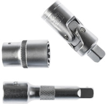 Steckschlüssel Zubehör aus Metall mit Kardangelenk, Steckschlüsseleinsatz und Verlängerung.