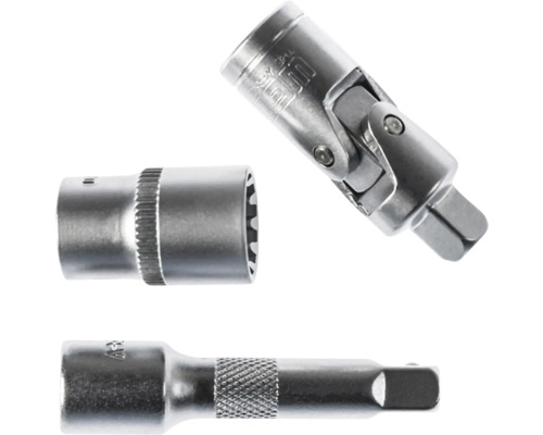 Steckschlüssel Zubehör aus Metall mit Kardangelenk, Steckschlüsseleinsatz und Verlängerung.