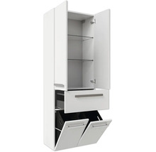 Weißer Badezimmer-Hochschrank mit zwei Türen, Glaseinlegeböden, einer Schublade und zwei Wäschekippen.