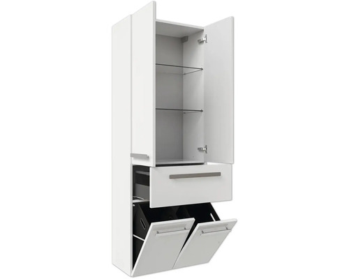 Weißer Badezimmer-Hochschrank mit zwei Türen, Glaseinlegeböden, einer Schublade und zwei Wäschekippen.