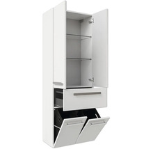 Weißer Hochschrank mit Glastablaren, einer Schublade und zwei Klappfächern für Wäsche.