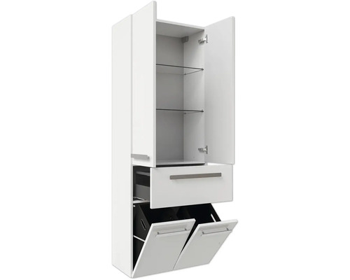 Weißer Hochschrank mit Glastablaren, einer Schublade und zwei Klappfächern für Wäsche.
