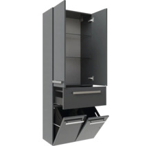 Dunkelgrauer Bad-Hochschrank mit zwei Türen, zwei Glaseinlegeböden, einer Schublade und zwei Wäschekippen.