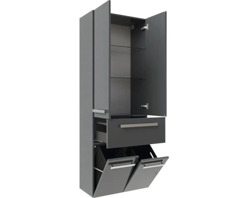 Dunkelgrauer Bad-Hochschrank mit zwei Türen, zwei Glaseinlegeböden, einer Schublade und zwei Wäschekippen.