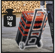 Einhell E-Case Werkzeugkoffersystem auf einem Trolley mit Rädern, belastbar bis zu 120 Kilogramm.