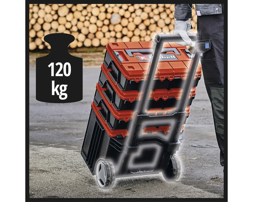 Einhell E-Case Werkzeugkoffersystem auf einem Trolley mit Rädern, belastbar bis zu 120 Kilogramm.