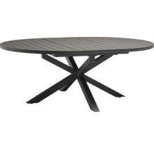 Ovaler Gartentisch in Anthrazit aus Metall mit Tischplatte in Lattenoptik und sternförmigem Untergestell.