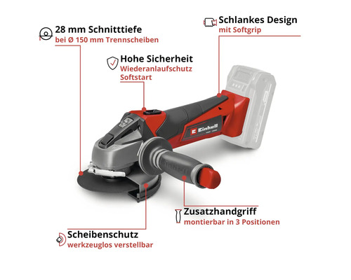 Einhell Akku-Winkelschleifer, 150 Millimeter Trennscheibe, 28 Millimeter Schnitttiefe, Sanftanlauf, Softgrip und verstellbarer Zusatzhandgriff.