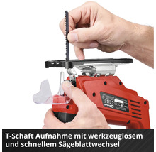Rote Einhell Stichsäge mit T-Schaft Aufnahme und werkzeuglosem Sägeblattwechsel.