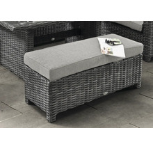 Grauer Gartenhocker aus Polyrattan mit hellgrauem Sitzkissen auf einer Terrasse.