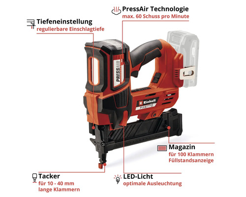 Einhell Akku-Tacker Fixetto mit PressAir Technologie, Tiefeneinstellung, LED-Licht und Magazin für 100 Klammern von 10 bis 40 Millimeter Länge.