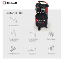 Einhell Logo. SilentPlus Kompressor mit Icons für Ausblaspistole, Farbspritzpistole, Tacker, Schlagschrauber, Stabschleifer und Reifenfüller.