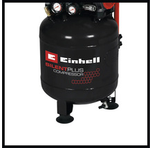 Einhell Kompressor SilentPlus mit schwarzem Druckluftbehälter, zwei Manometern, Standfüßen und Einhell Logo.
