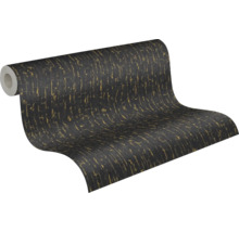Vliestapete mit strukturierter Oberfläche und vertikalem Muster in Schwarz und Gold.