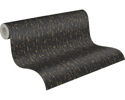 Vliestapete mit strukturierter Oberfläche und vertikalem Muster in Schwarz und Gold.