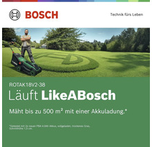 Bosch Logo. Akku Rasenmäher Rotak 18V2-38 auf einer Rasenfläche, mäht bis zu 500 Quadratmeter mit einer Akkuladung.