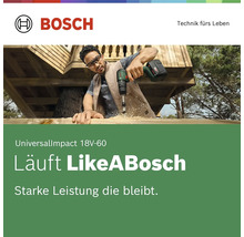 Bosch Logo. Mann benutzt Akkumulator-Schlagbohrschrauber UniversalImpact 18 Volt 60 im Freien an einer hellen Holzkonstruktion.