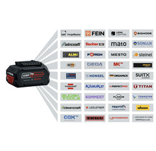 Bosch AMPShare 18 Volt Akku mit Logos von Partnern wie FEIN, fischer und brennenstuhl zur Veranschaulichung der Systemkompatibilität.