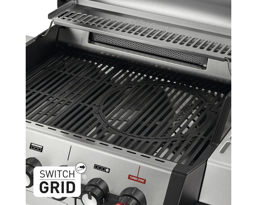 Gasgrill aus Edelstahl mit gusseisernem Switch Grid Rost, herausnehmbarem Rundelement und Warmhalterost.