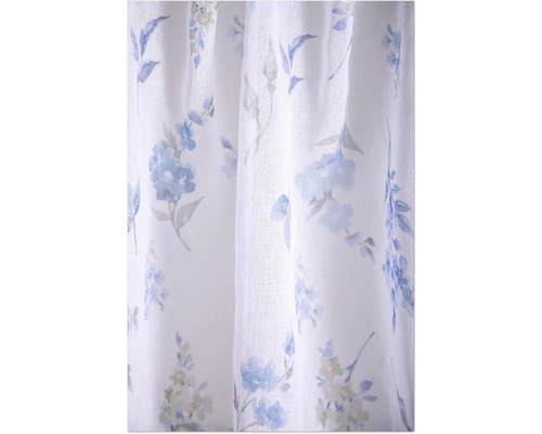 Transparenter Vorhang mit floralem Muster aus blauen Blumen, feine Stoffstruktur.