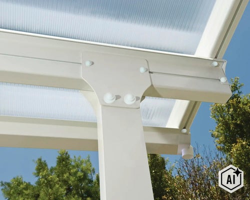 Detailansicht der Pfostenverbindung einer Terrassenüberdachung mit Aluminiumprofilen und Polycarbonat Stegplatten unter blauem Himmel (Image AI modified or generated)