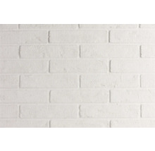 Weiße Backsteinwand mit strukturierter Oberfläche im Läuferverband.