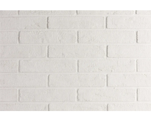Weiße Backsteinwand mit strukturierter Oberfläche im Läuferverband.