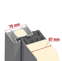 Querschnitt eines grauen Profils mit beiger Füllung und den Maßen 70 Millimeter und 67 Millimeter.