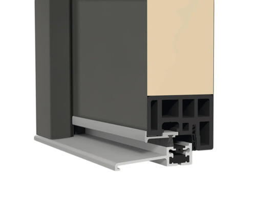Detailansicht eines Türschwellenprofils mit Dichtung aus Aluminium und Kunststoff.