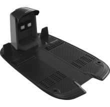 Ladestation für Mähroboter aus schwarzem Kunststoff mit strukturierter Bodenplatte und Ladekontakten.