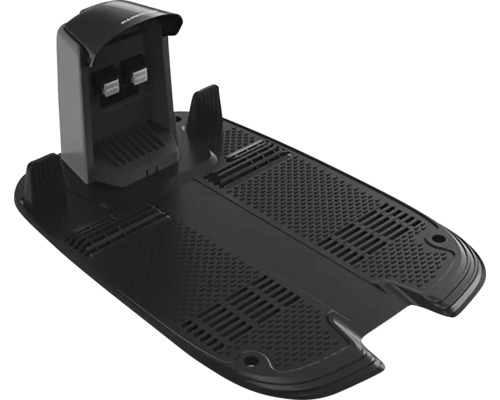 Ladestation für Mähroboter aus schwarzem Kunststoff mit strukturierter Bodenplatte und Ladekontakten.