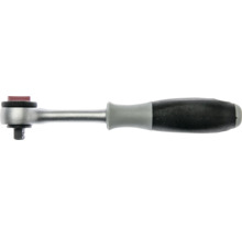 Umschaltknarre aus Metall mit ergonomischem Zwei-Komponenten-Griff und Vierkantantrieb.