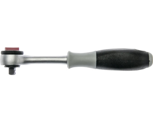 Umschaltknarre aus Metall mit ergonomischem Zwei-Komponenten-Griff und Vierkantantrieb.