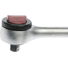 Umschaltknarre aus Metall mit Vierkantantrieb, geriffeltem Einstellrad und Umschalthebel.