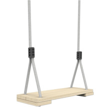 Holzschaukel mit Brett aus hellem Holz und grauen Kunststoffseilen.