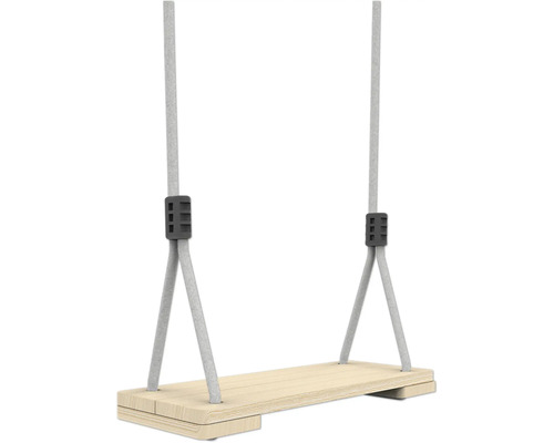 Holzschaukel mit Brett aus hellem Holz und grauen Kunststoffseilen.